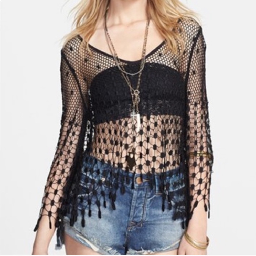 Free People Sheer White Ivory Crochet Knit Mermaid Top Overlay Blouse - Picture 8 of 9